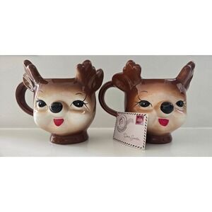Winter Wonder Lane Reindeer Mugs Set of 2 Brown Ceramic Christmas Holiday 15 oz
